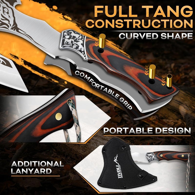 Tivoli Camping Axe, Tiger - Patterned Survival Hatchet with Nylon Sheath, High Carbon Steel Blade Compact Outdoor Bushcraft Axe with Ergonomic Wood Grip, Camping Gear for Hiking, Chopping, Hunting - Image 3
